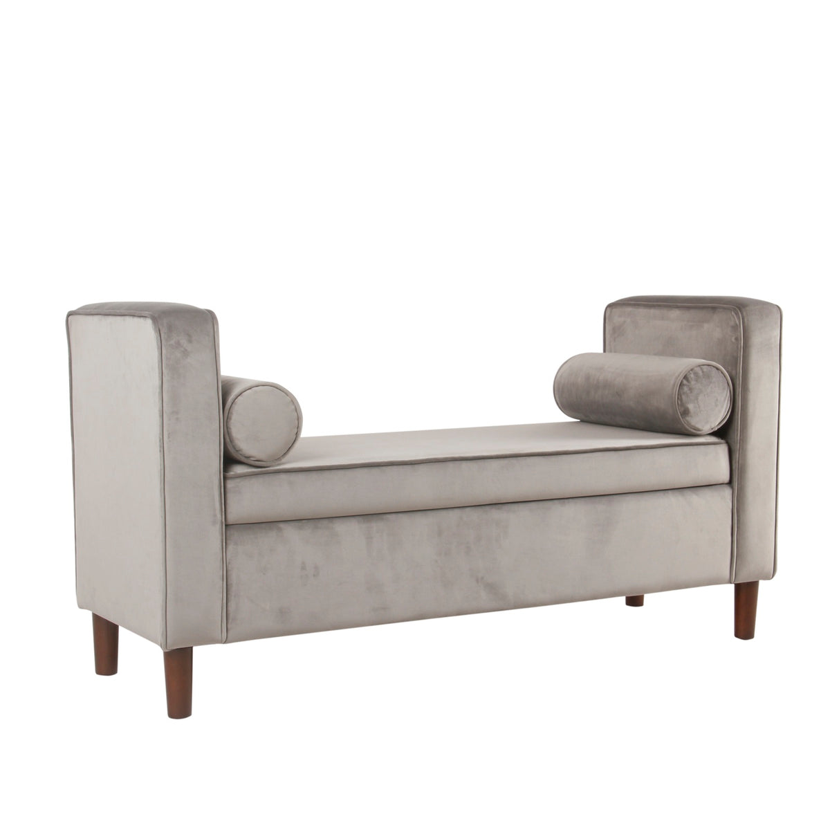 Velvet Upholstered Wooden Bench With Lift Top Storage And Two Bolster Pillows, Gray By Benzara | Benches |  Modishstore 
