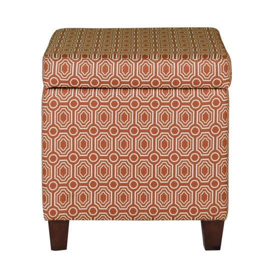 Geometric Patterned Square Wooden Ottoman With Lift Off Lid Storage, Orange And Cream By Benzara | Ottomans |  Modishstore 
