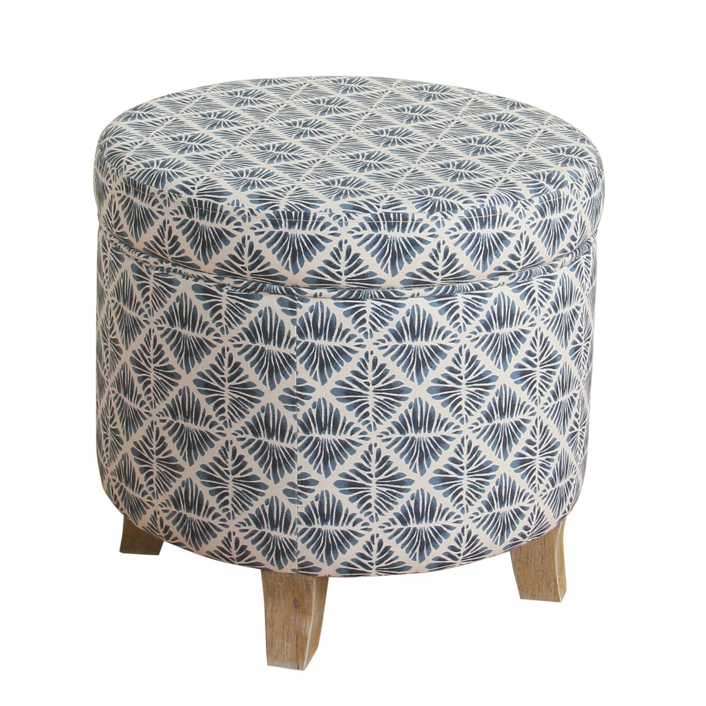 Round Shaped Fabric Upholstered Wooden Ottoman With Lift Off Lid Storage, Blue And White By Benzara | Ottomans |  Modishstore 