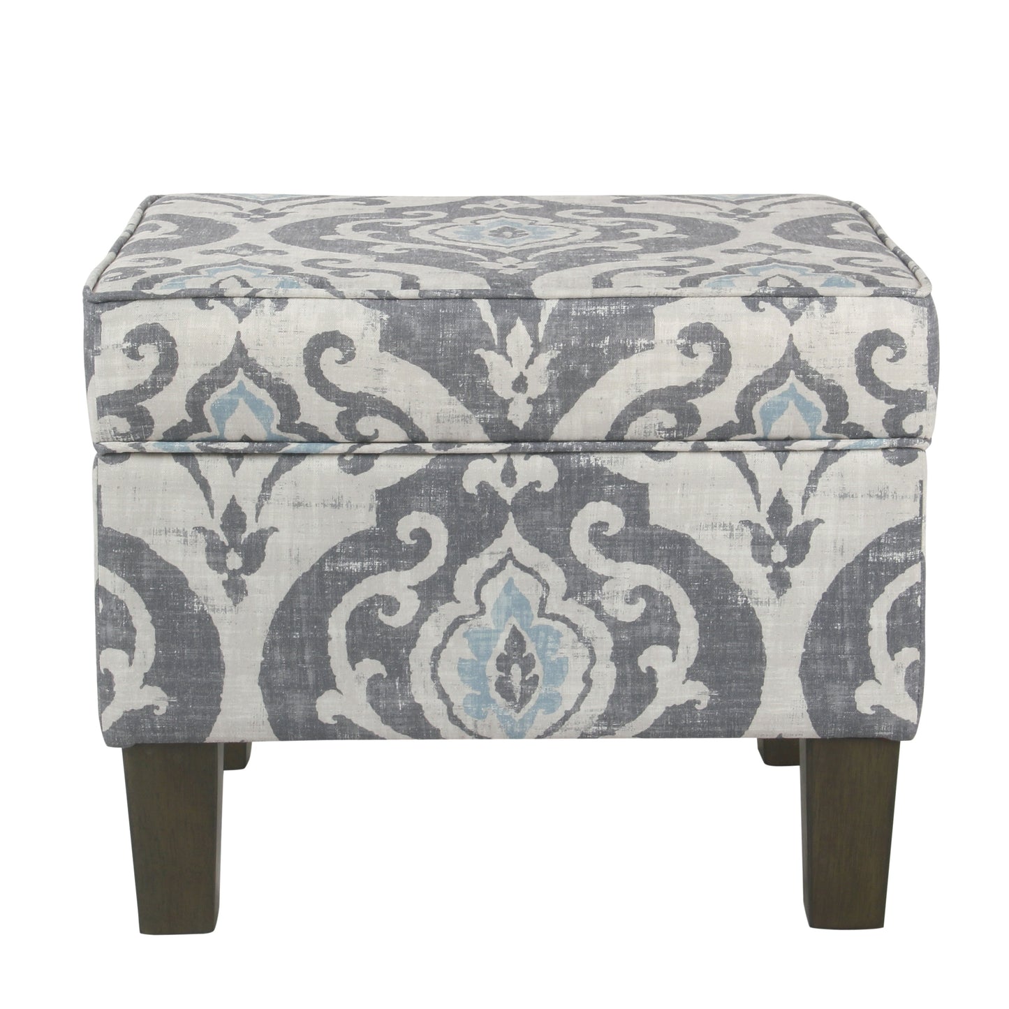 Wooden Ottoman With Patterned Fabric Upholstery And Hidden Storage, Gray And Blue By Benzara | Ottomans |  Modishstore 