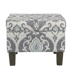 Wooden Ottoman With Patterned Fabric Upholstery And Hidden Storage, Gray And Blue By Benzara
