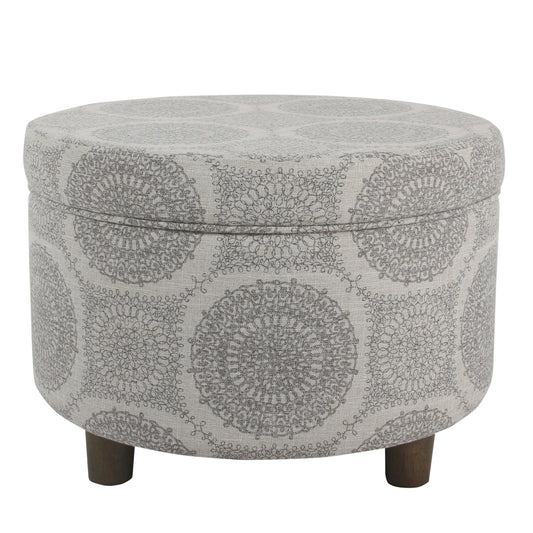 Wooden Ottoman With Medallion Patterned Fabric Upholstery And Hidden Storage, Gray By Benzara | Ottomans |  Modishstore 