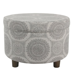 Wooden Ottoman With Medallion Patterned Fabric Upholstery And Hidden Storage, Gray By Benzara