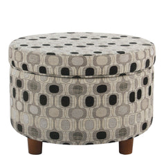 Wooden Ottoman With Geometric Patterned Fabric Upholstery And Hidden Storage, Multicolor By Benzara