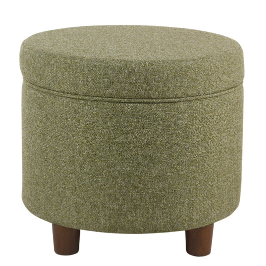 Fabric Upholstered Round Wooden Ottoman With Lift Off Lid Storage, Green By Benzara | Ottomans | Modishstore