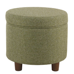Fabric Upholstered Round Wooden Ottoman With Lift Off Lid Storage, Green By Benzara