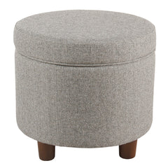 Fabric Upholstered Round Wooden Ottoman With Lift Off Lid Storage, Light Gray By Benzara