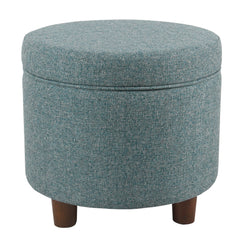 Fabric Upholstered Round Wooden Ottoman With Lift Off Lid Storage, Teal Blue By Benzara