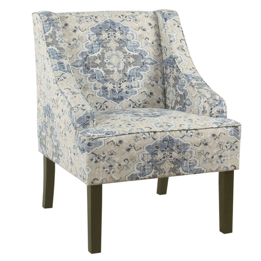Fabric Upholstered Wooden Accent Chair With Swooping Armrests, Blue, Cream And Brown By Benzara | Accent Chairs |  Modishstore 