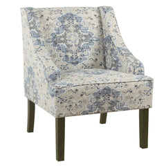 Fabric Upholstered Wooden Accent Chair With Swooping Armrests, Blue, Cream And Brown By Benzara