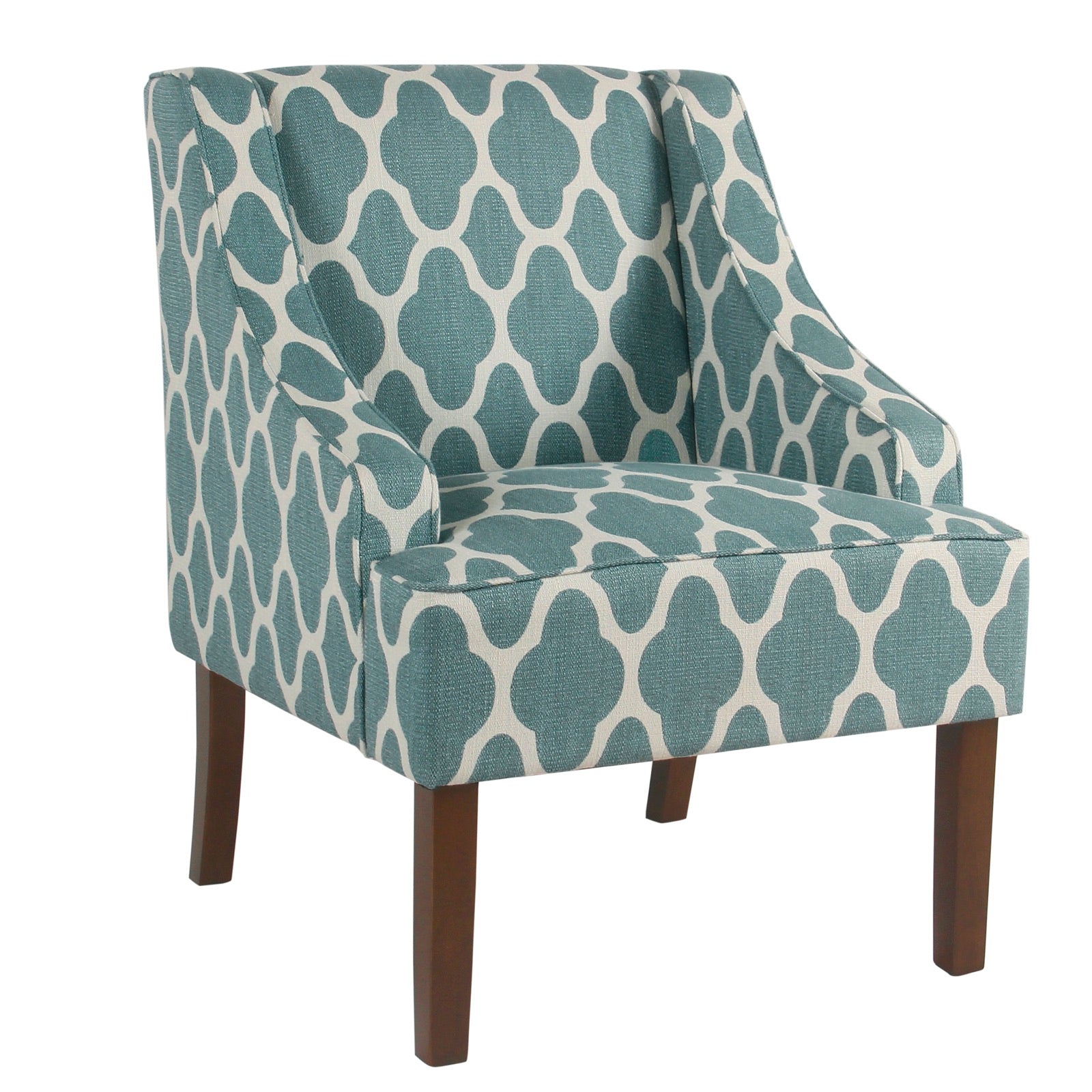 Fabric Upholstered Wooden Accent Chair With Swooping Armrests, Blue, White And Brown By Benzara | Accent Chairs |  Modishstore 