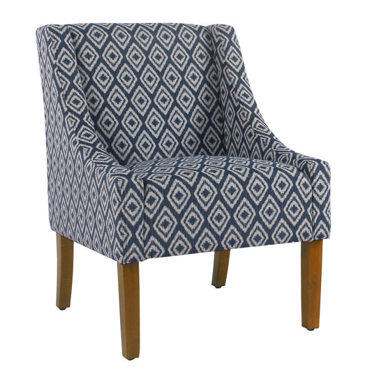 Fabric Upholstered Wooden Accent Chair With Swooping Arms And Geometric Pattern, Blue And Brown By Benzara | Accent Chairs |  Modishstore 