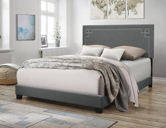 Transitional Fabric Upholstered Queen Bed With Block Legs And Nail Head Trims, Gray By Benzara | Beds |  Modishstore 