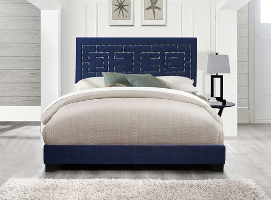 Transitional Fabric Upholstered Queen Bed With Block Legs And Nail Head Trims, Blue By Benzara | Beds |  Modishstore 