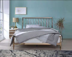 Industrial Metal Queen Bed With Tapered Legs And Slated Headboard, Copper By Benzara