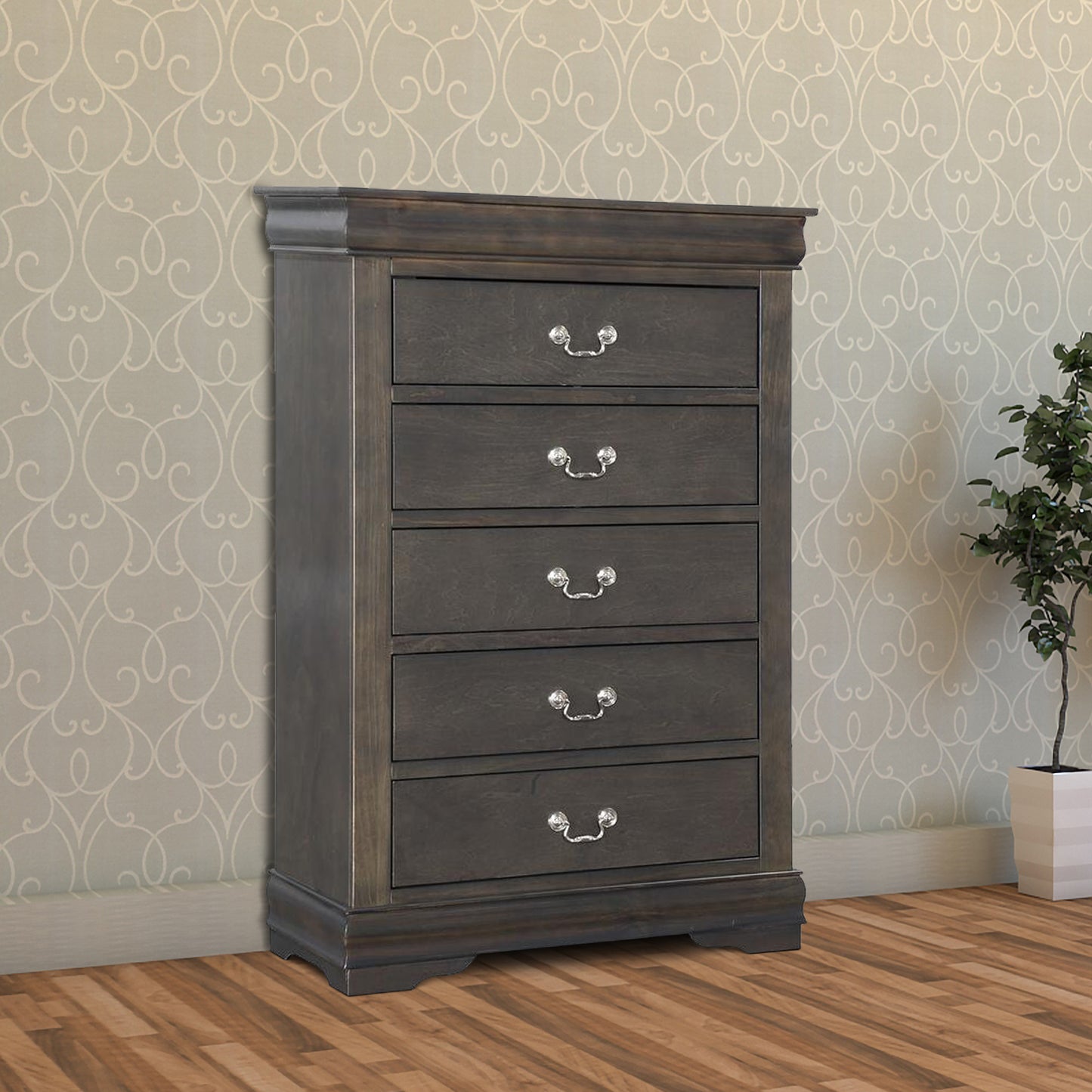Traditional Style Five Drawer Wooden Chest With Bracket Base, Dark Gray By Benzara | Cabinets | Modishstore
