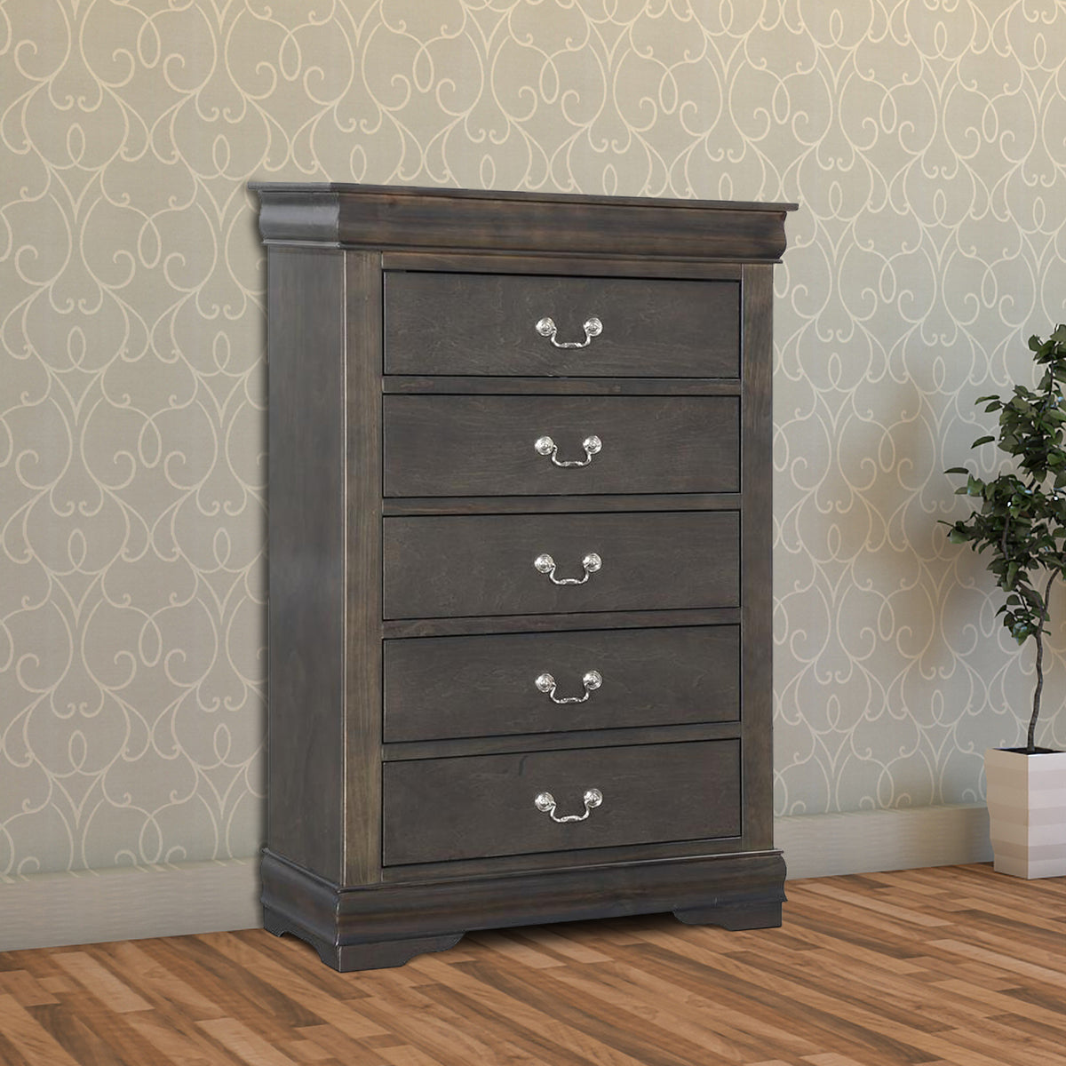 Traditional Style Five Drawer Wooden Chest With Bracket Base, Dark Gray By Benzara | Cabinets | Modishstore