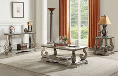 Wooden Coffee Table With Inserted Glass Top And Scrolled Legs, Silver And Clear By Benzara