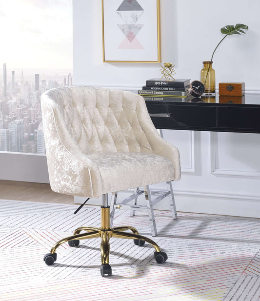 Swivel Velvet Upholstered Office Chair With Adjustable Height And Metal Base, Cream And Gold By Benzara | Office Chairs |  Modishstore 