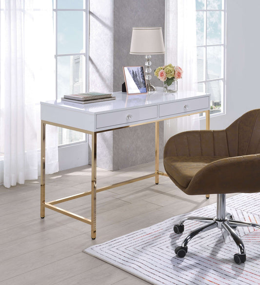 Two Drawers Wooden Desk With Tubular Metal Base, White And Gold By Benzara | Desks |  Modishstore 