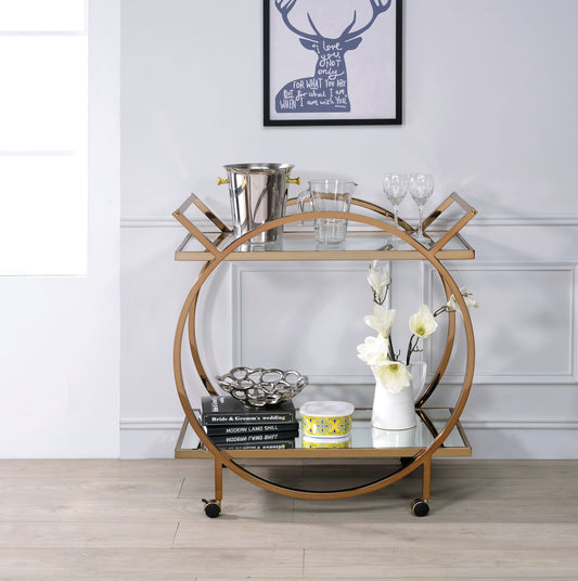 Metal Serving Cart With Mirrored Open Shelf And Tubular Angled Handles, Gold And Clear By Benzara | Bar Carts |  Modishstore 