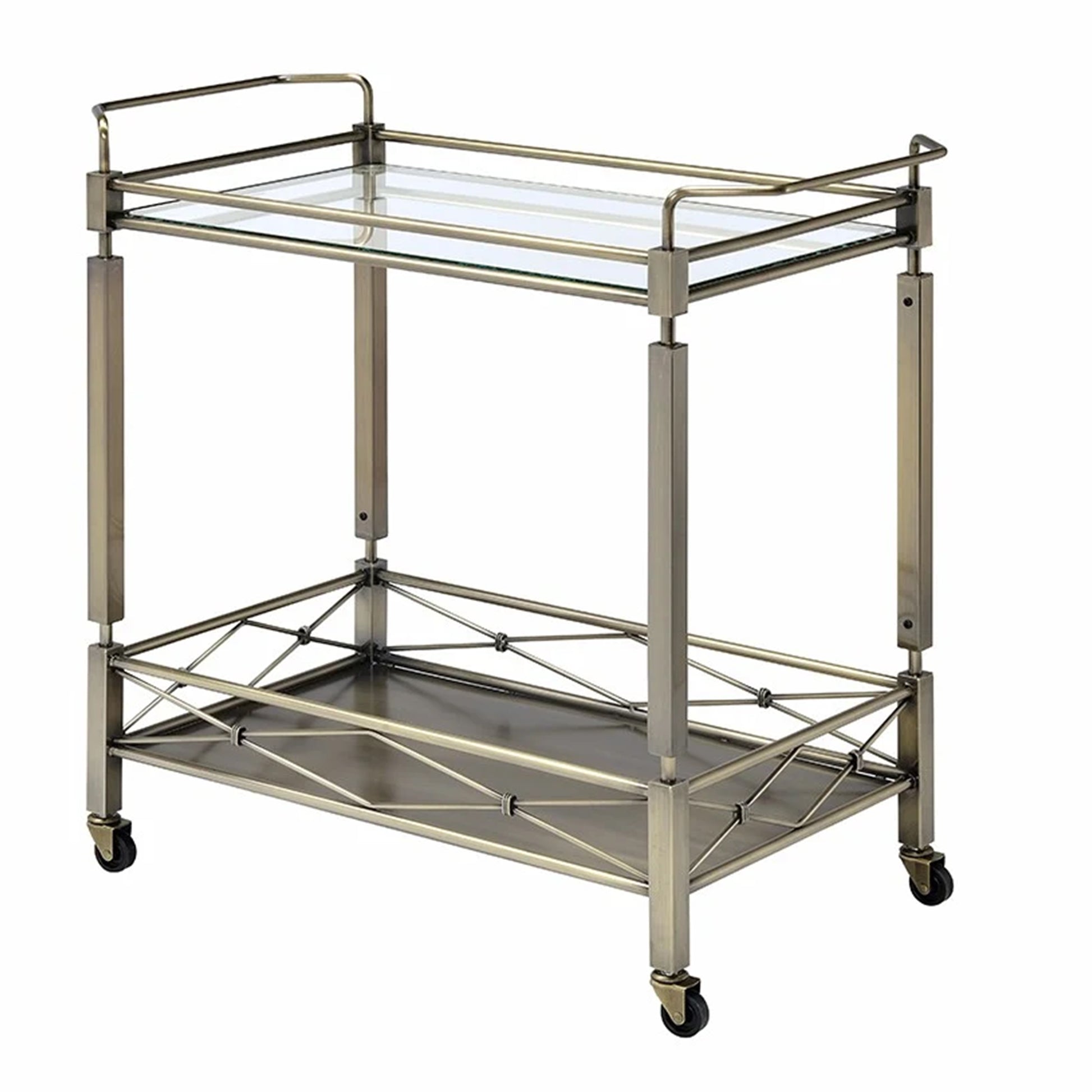 Two Tiered Metal Serving Cart With Glass Shelves And Side Rails, Antique Gold By Benzara | Bar Carts |  Modishstore 