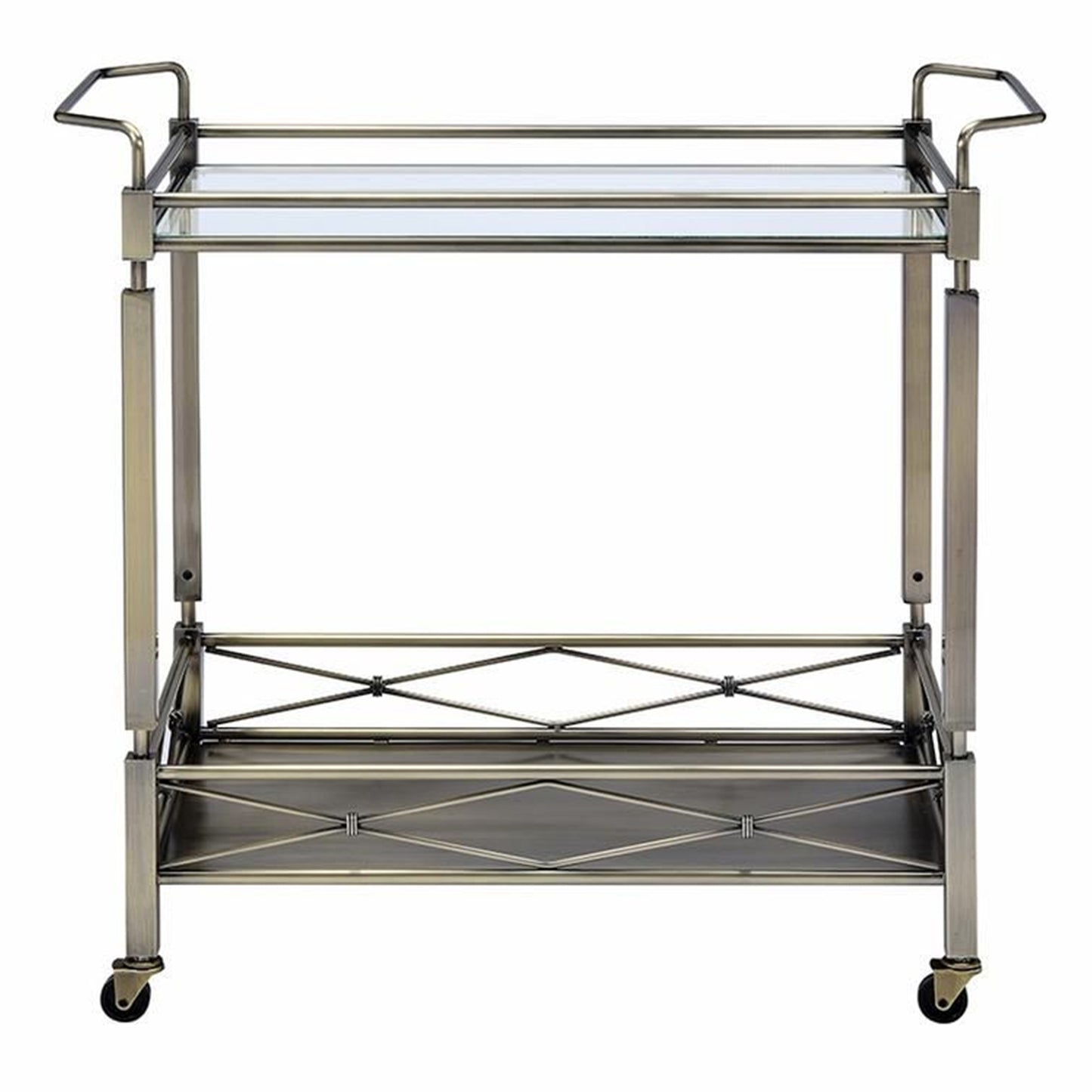 Two Tiered Metal Serving Cart With Glass Shelves And Side Rails, Antique Gold By Benzara | Bar Carts |  Modishstore  - 3