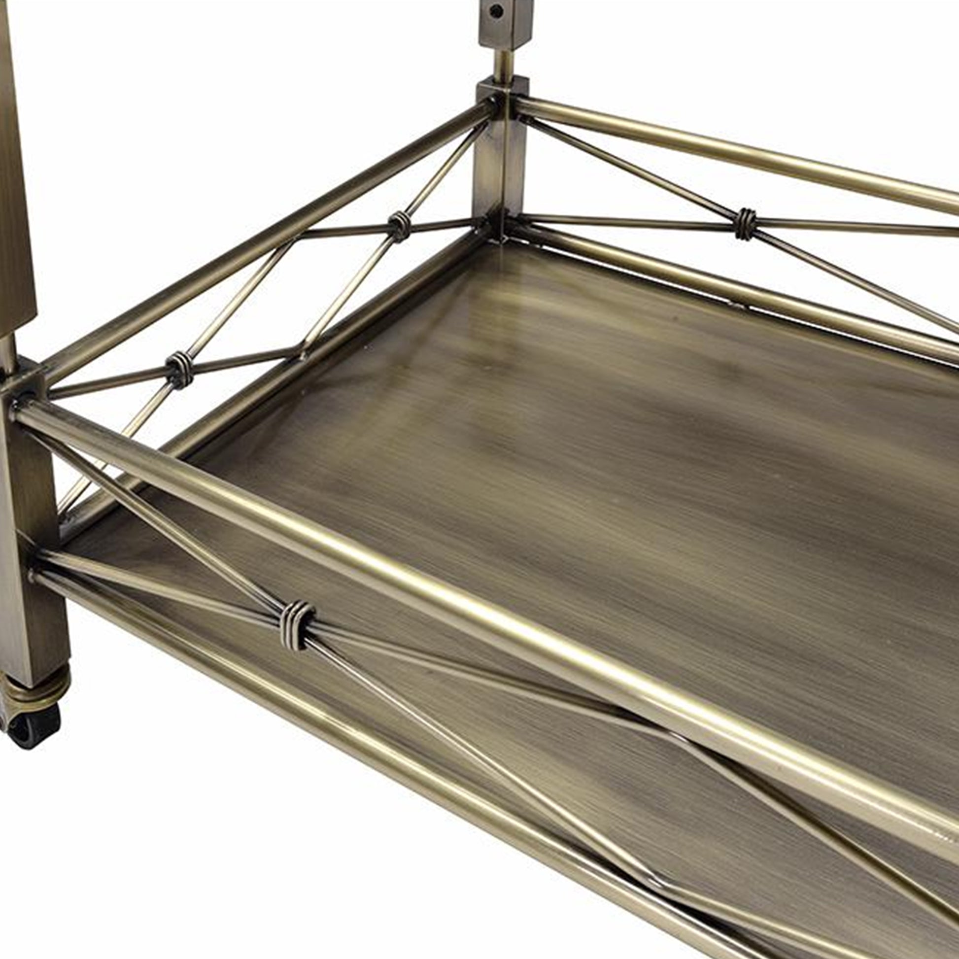 Two Tiered Metal Serving Cart With Glass Shelves And Side Rails, Antique Gold By Benzara | Bar Carts |  Modishstore  - 4