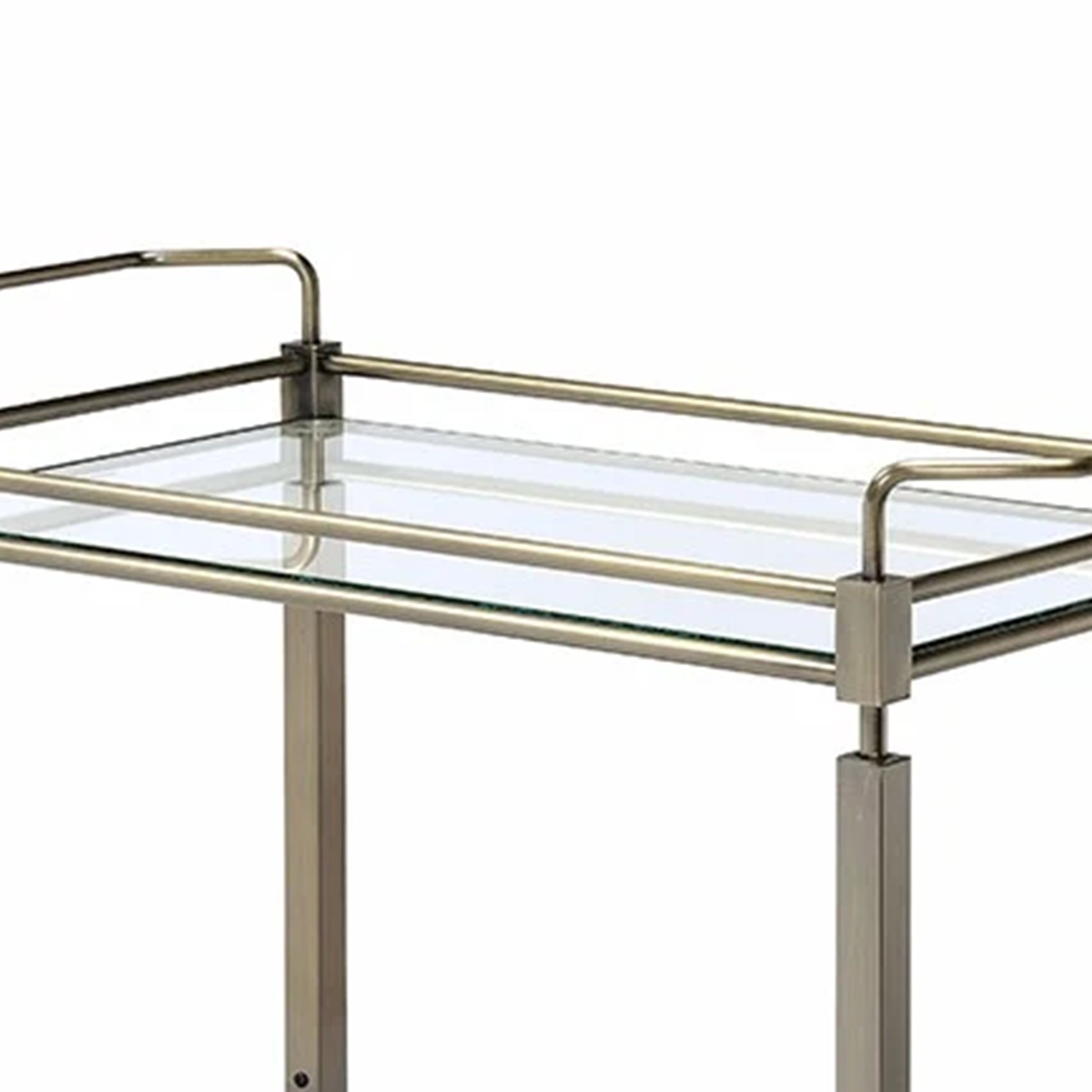 Two Tiered Metal Serving Cart With Glass Shelves And Side Rails, Antique Gold By Benzara | Bar Carts |  Modishstore  - 5