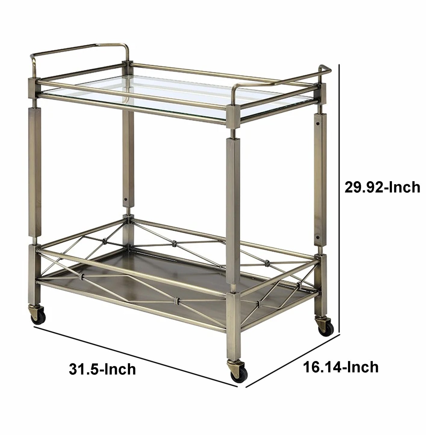 Two Tiered Metal Serving Cart With Glass Shelves And Side Rails, Antique Gold By Benzara | Bar Carts |  Modishstore  - 6