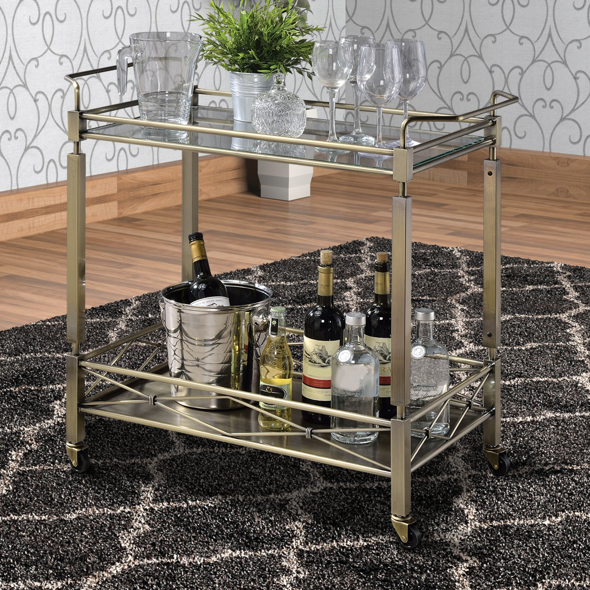 Two Tiered Metal Serving Cart With Glass Shelves And Side Rails, Antique Gold By Benzara | Bar Carts |  Modishstore  - 2
