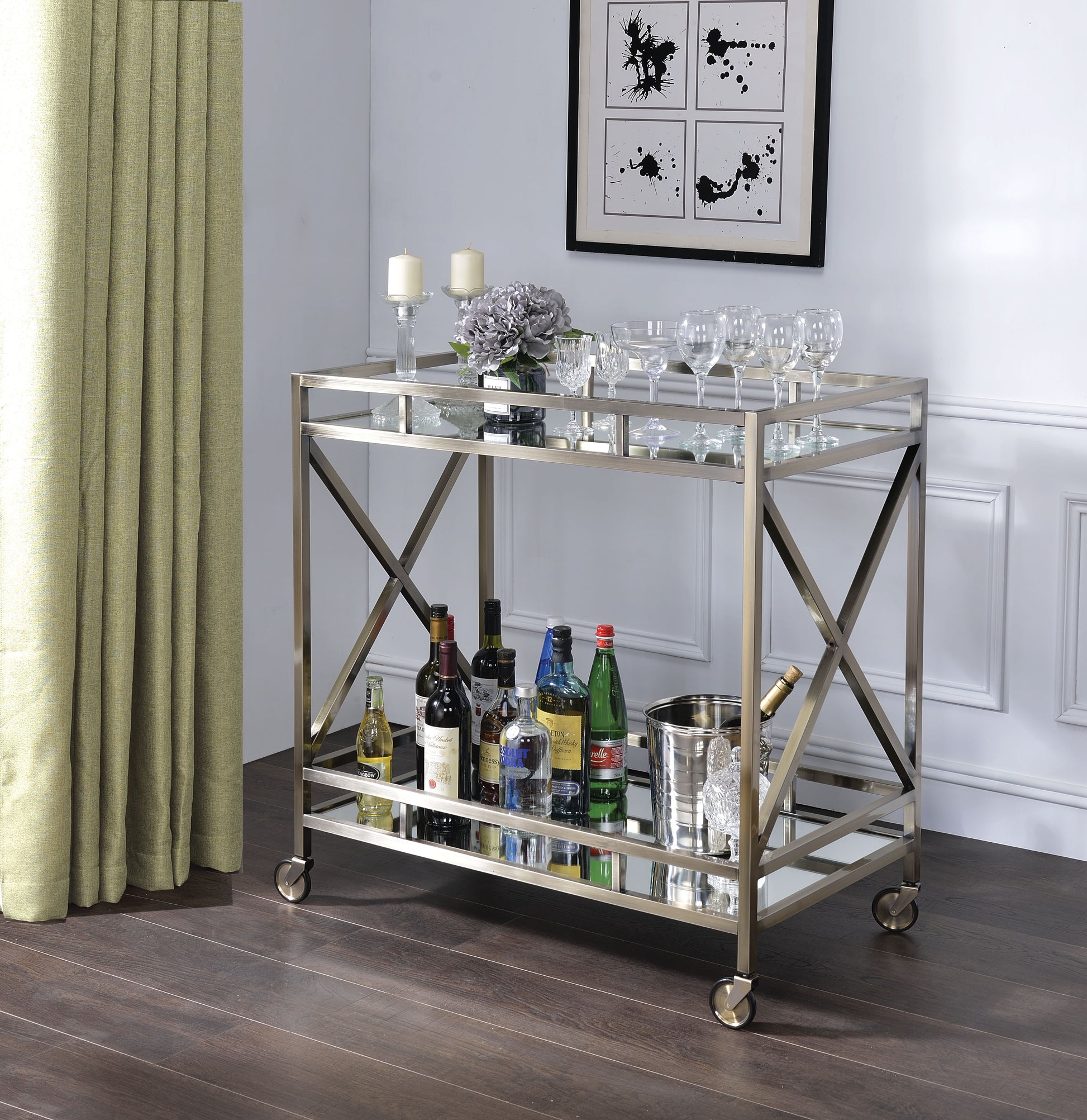Open Metal Frame 2 Tier Mirrored Serving Cart, Antique Gold And Silver By Benzara | Bar Carts |  Modishstore 