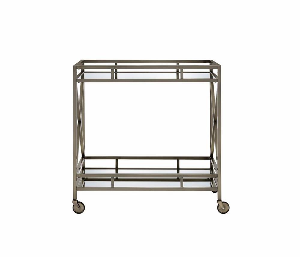 Open Metal Frame 2 Tier Mirrored Serving Cart, Antique Gold And Silver By Benzara | Bar Carts |  Modishstore  - 2