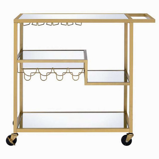 Metal Framed Serving Cart With Wine Bottle Holder And Stemware, Gold And Clear By Benzara | Bar Carts |  Modishstore 
