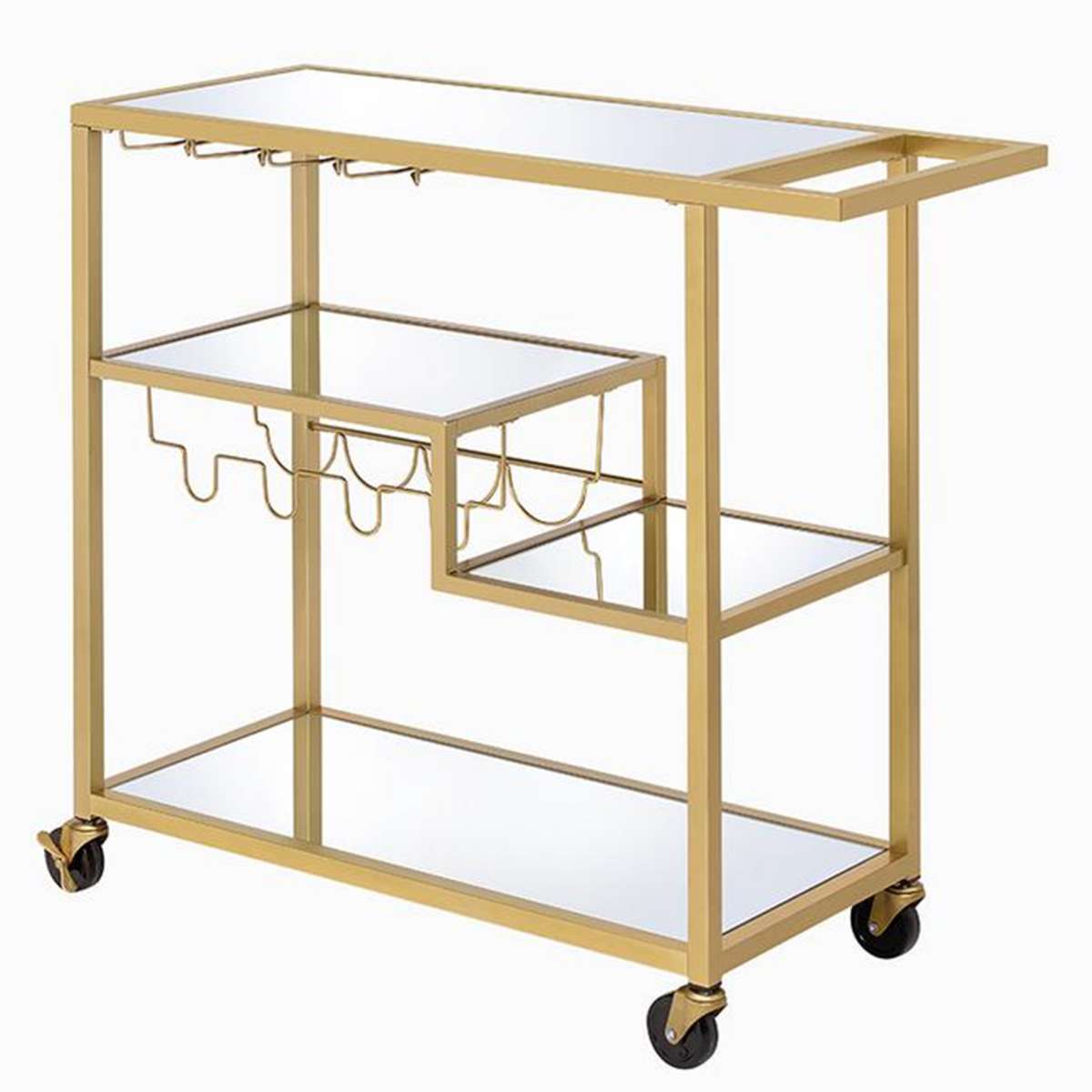 Metal Framed Serving Cart With Wine Bottle Holder And Stemware, Gold And Clear By Benzara | Bar Carts |  Modishstore  - 3