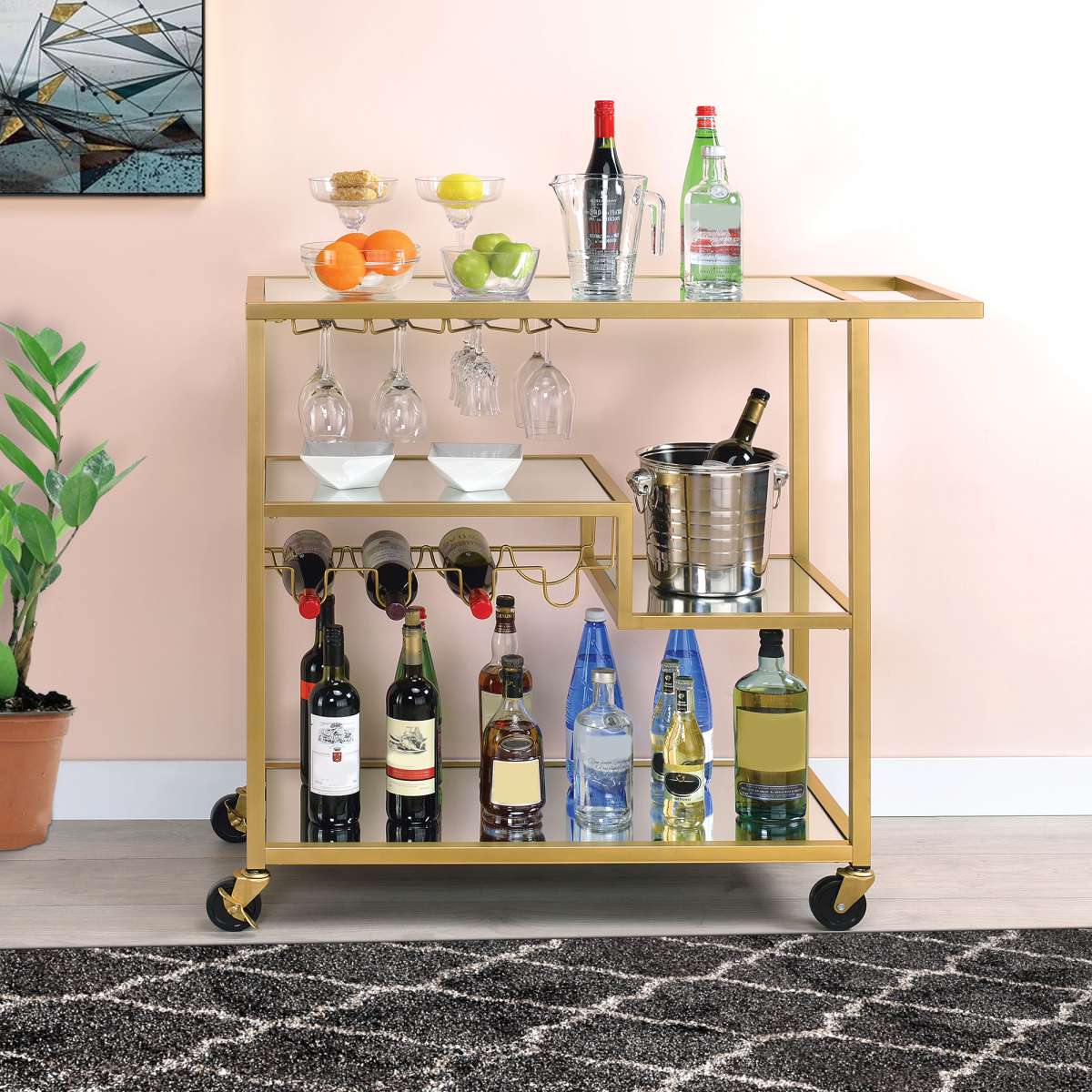 Metal Framed Serving Cart With Wine Bottle Holder And Stemware, Gold And Clear By Benzara | Bar Carts |  Modishstore  - 2