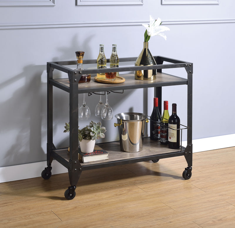 2 Tier Metal Serving Cart With Wooden Shelves And Bottle Holders, Black By Benzara | Bar Carts |  Modishstore 