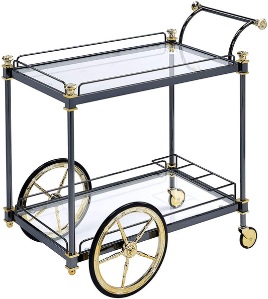 Metal Framed Serving Cart With Glass Shelves And Side Handle, Black And Gold By Benzara | TV Tray Tables |  Modishstore 