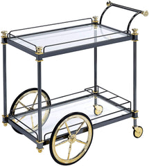 Metal Framed Serving Cart With Glass Shelves And Side Handle, Black And Gold By Benzara