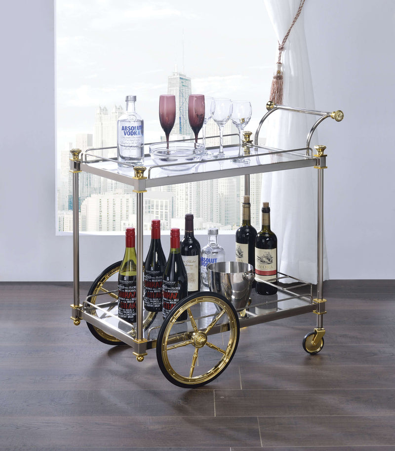 Metal Framed Serving Cart With Glass Shelves And Side Handle, Silver And Gold By Benzara | Bar Carts |  Modishstore 