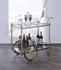Metal Framed Serving Cart With Glass Shelves And Side Handle, Silver And Gold By Benzara