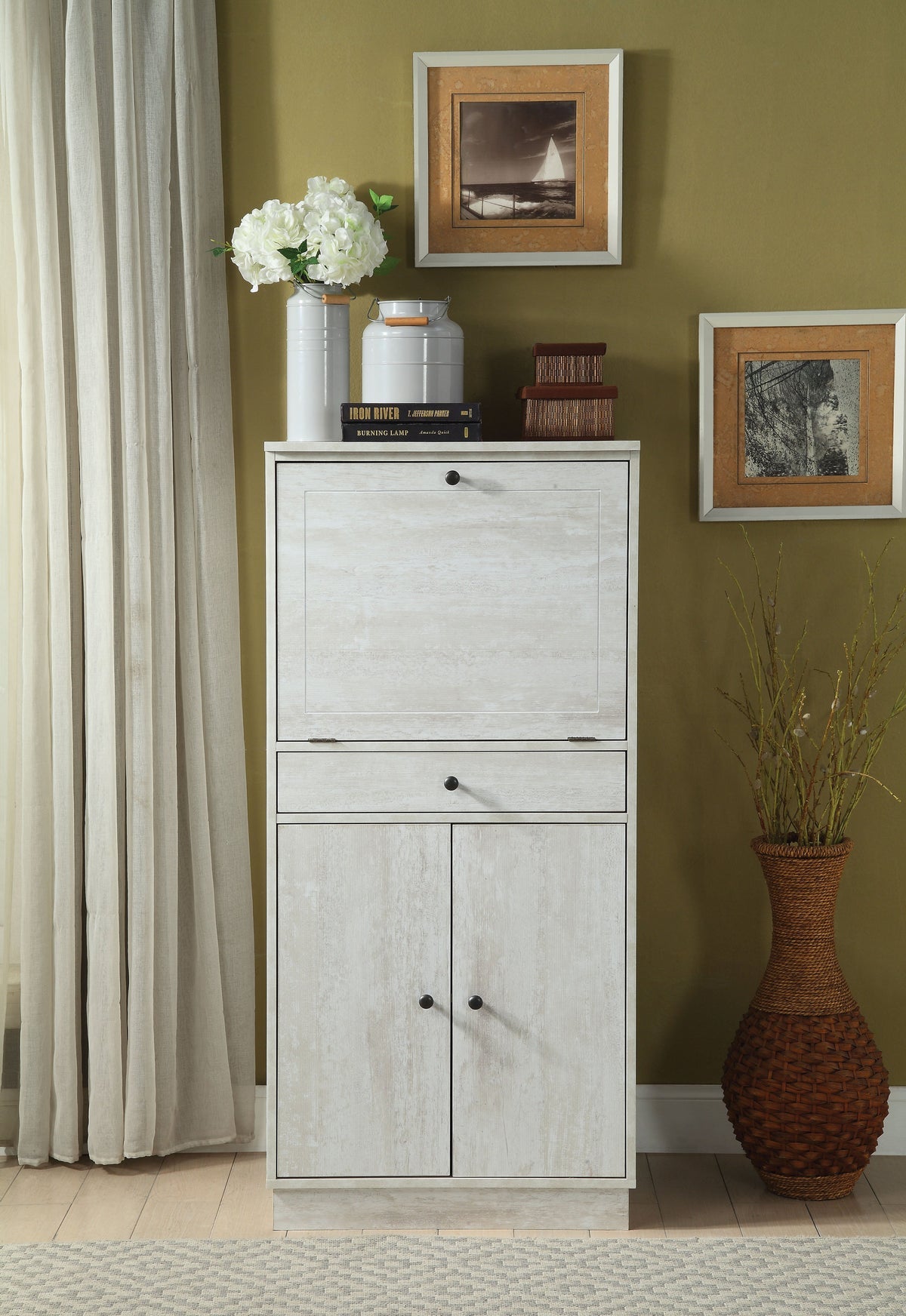 Spacious Wooden Wine Cabinet With Drop Down Storage And Double Door Cabinet, White By Benzara | Cabinets |  Modishstore 