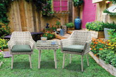 Resin Wicker And Metal Patio Bistro Set With Two Chairs And Table, Beige And Green, Set Of Three By Benzara