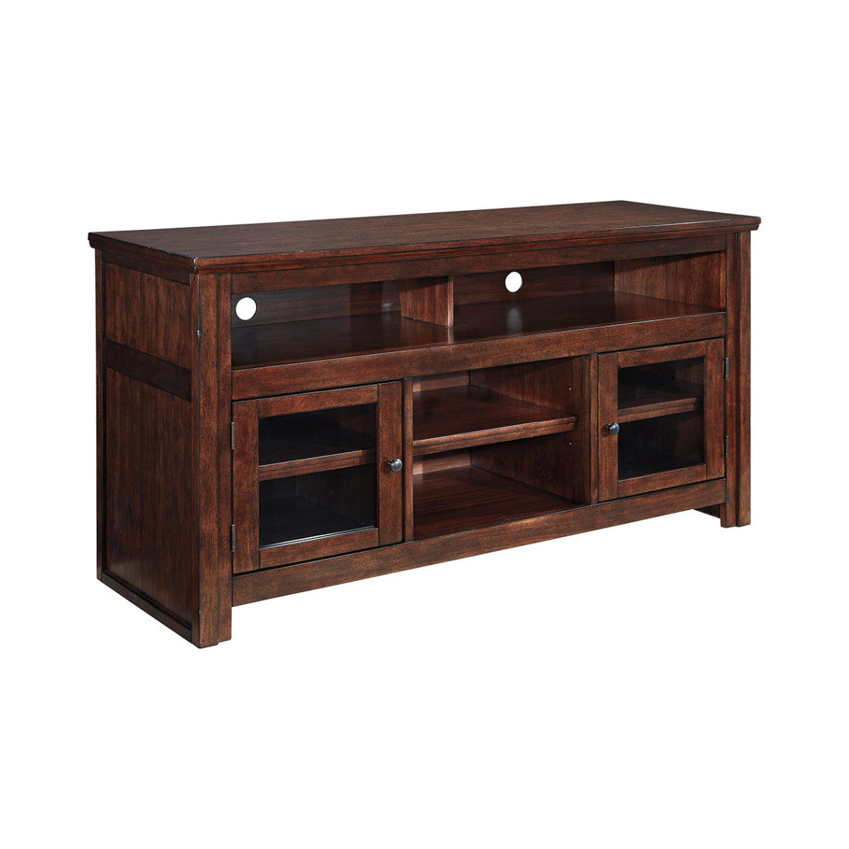Wooden Tv Stand With Two Glass Inserted Door Cabinets And Open Shelves, Large, Brown By Benzara | Cabinets |  Modishstore 