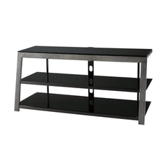 Metal Framed Tv Stand With Tempered Glass Shelves And Top, Black And Gray By Benzara