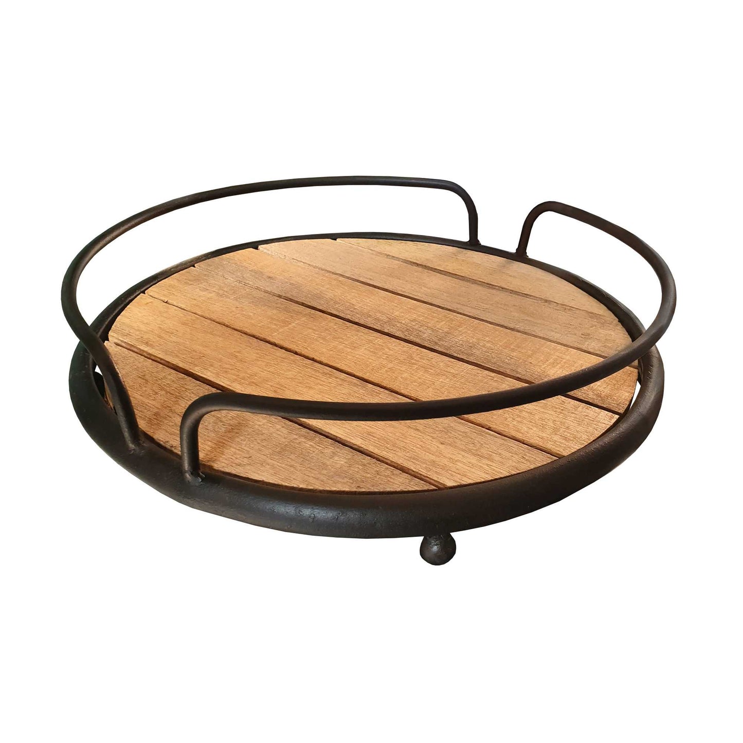 Round Tubular Metal Frame Tray With Plank Style Wooden Base, Brown And Black By Benzara | Trays & Pedestals |  Modishstore  - 3