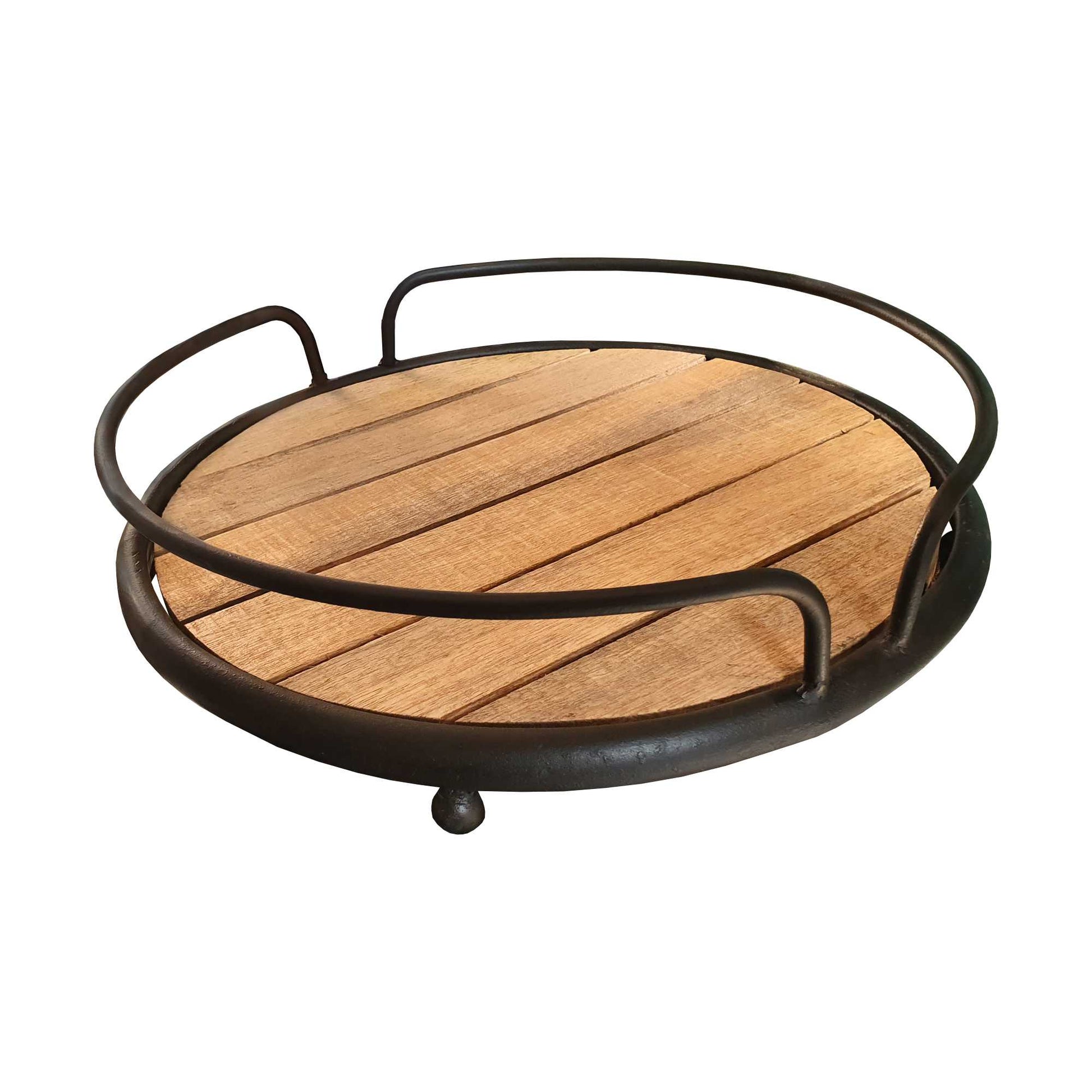 Round Tubular Metal Frame Tray With Plank Style Wooden Base, Brown And Black By Benzara | Trays & Pedestals |  Modishstore  - 2