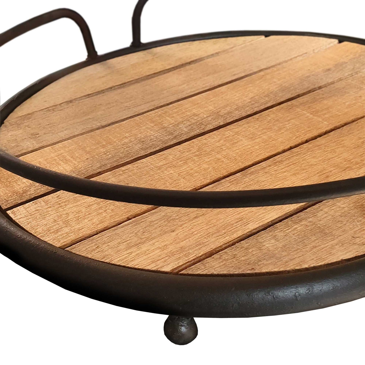 Round Tubular Metal Frame Tray With Plank Style Wooden Base, Brown And Black By Benzara | Trays & Pedestals |  Modishstore  - 5
