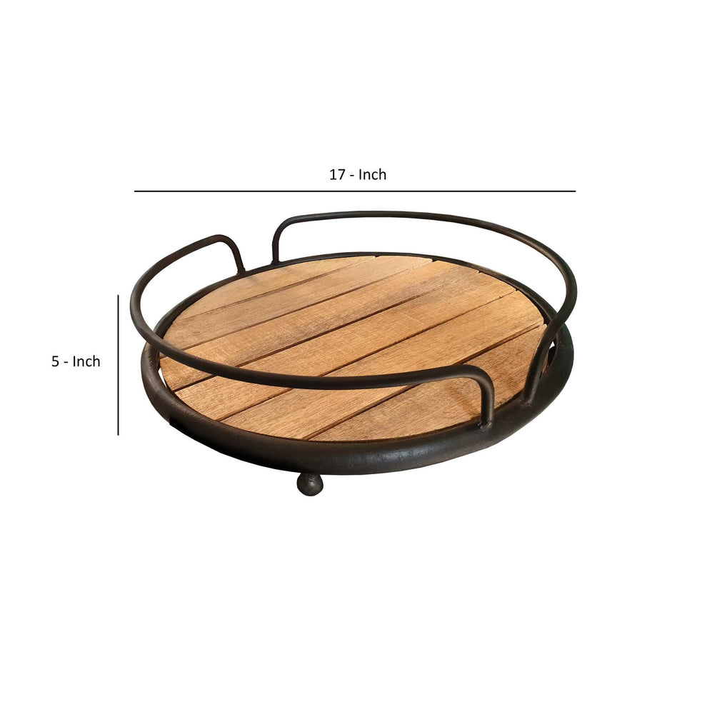 Round Tubular Metal Frame Tray With Plank Style Wooden Base, Brown And Black By Benzara | Trays & Pedestals |  Modishstore  - 4