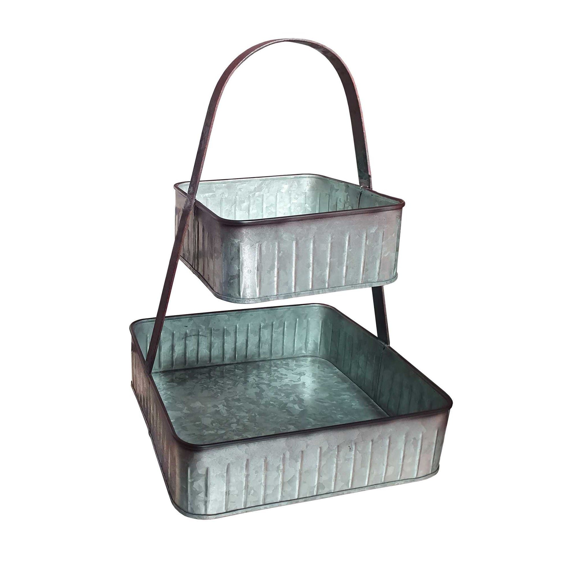 2 Tier Square Galvanized Metal Corrugated Tray With Arched Handle, Gray By Benzara | Trays & Pedestals |  Modishstore  - 2